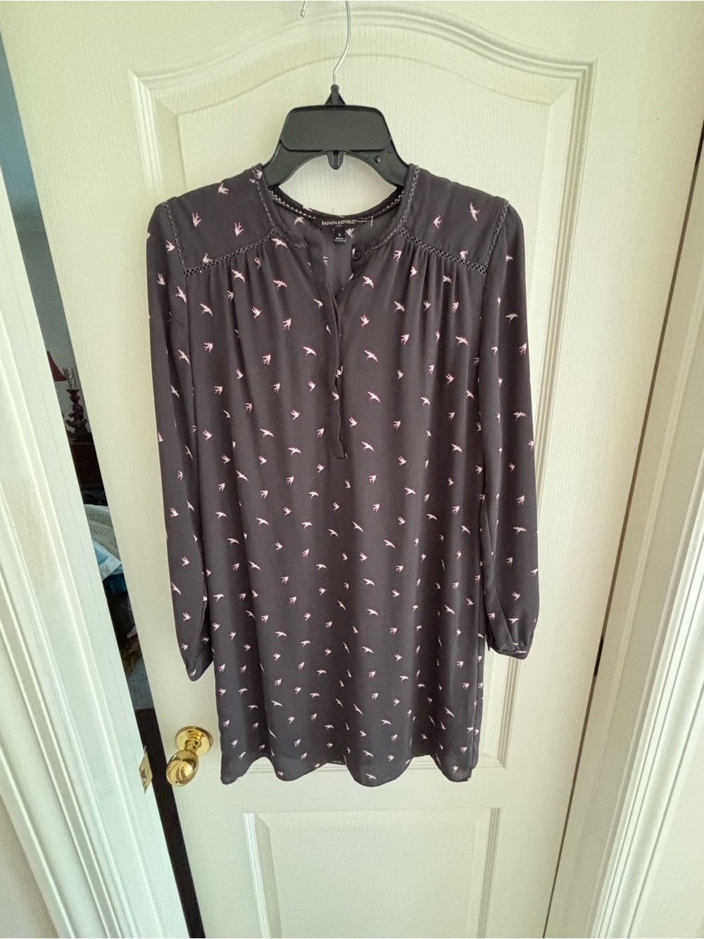 Banana Republic sz Small Dark Gray Bird Print dress long sleeve academia boho